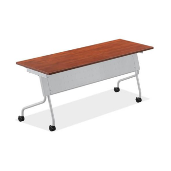 cherry table with white legs and white back on wheels